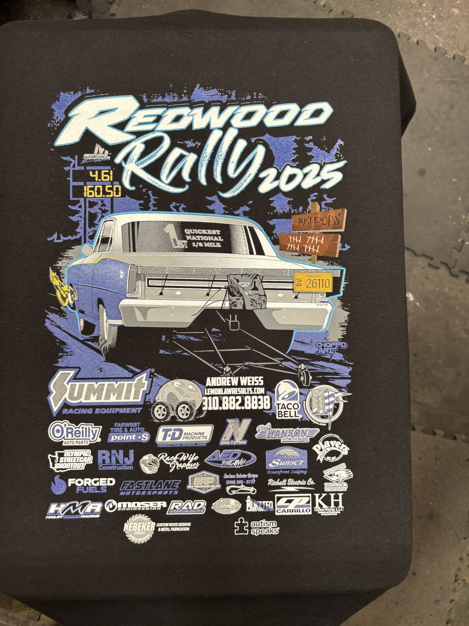 Event and sponsor shirts for the Redwood Rally